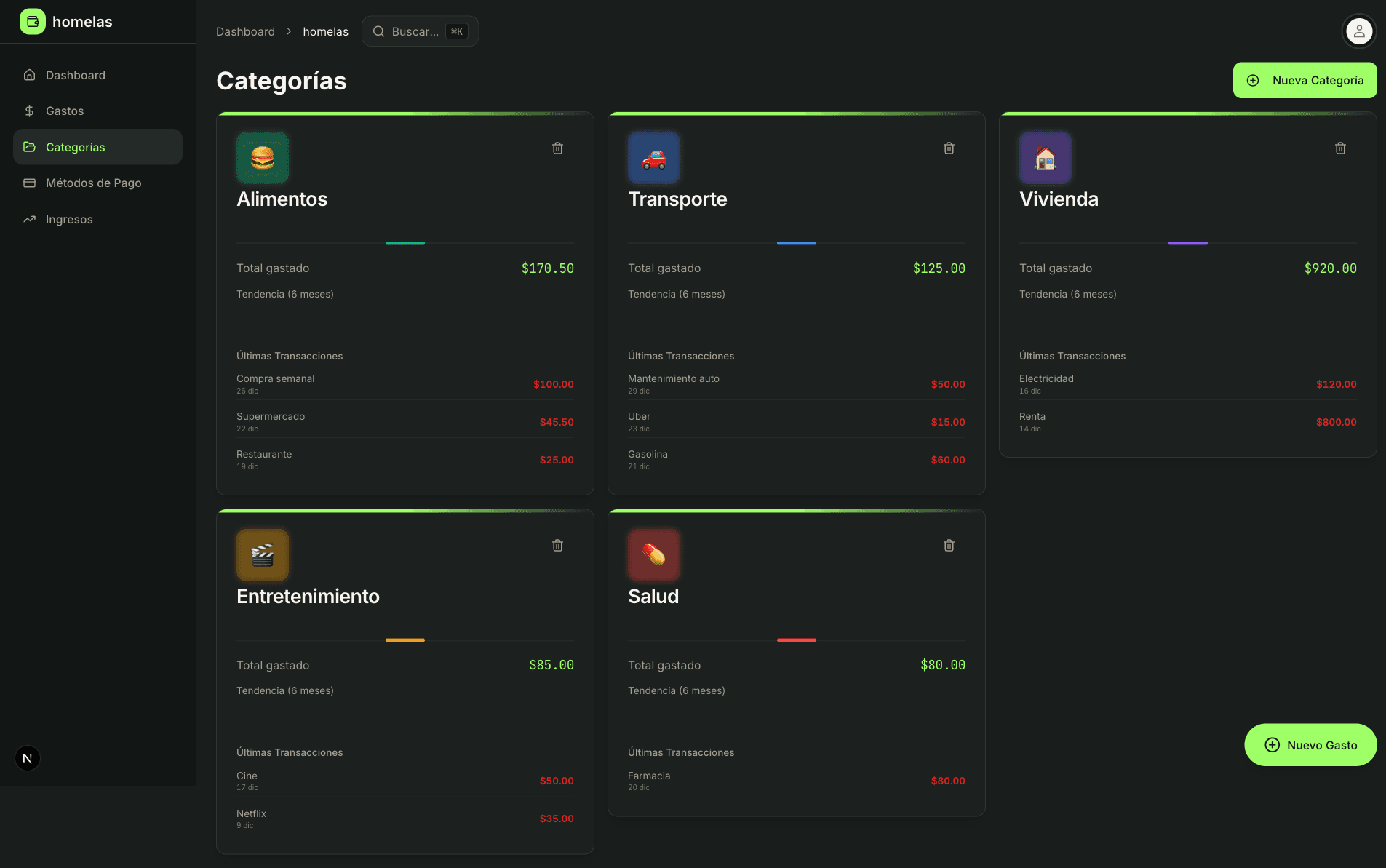 Grid de categorías coloridas con iconos personalizados
