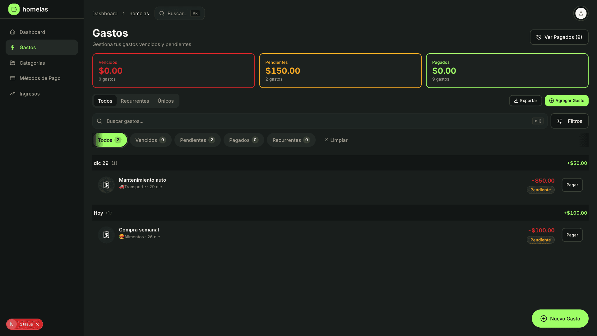 Vista de gastos con agrupación temporal y filtros inteligentes