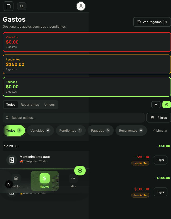 Vista móvil con navegación inferior y lista de transacciones
