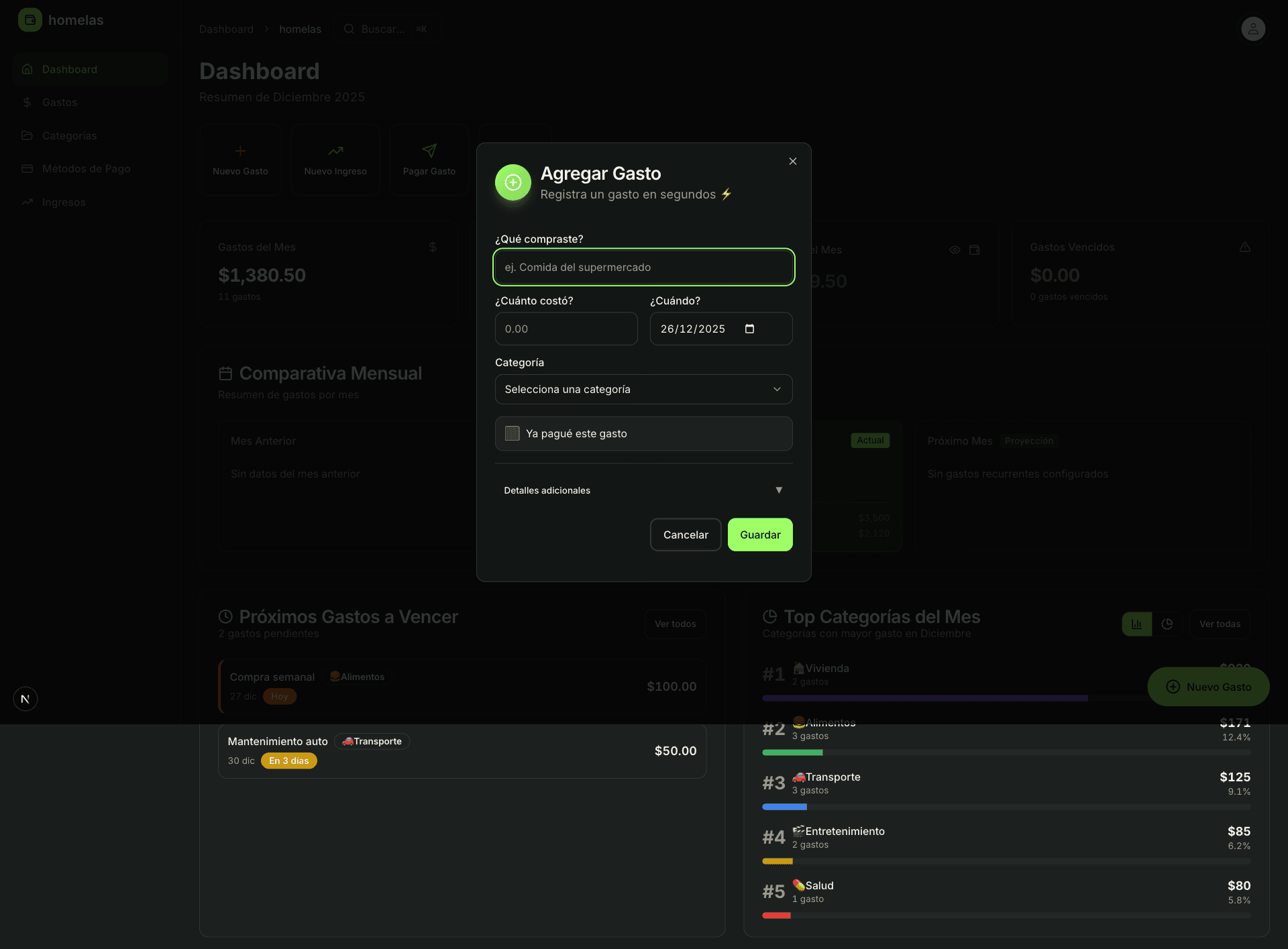 Quick Add FAB abierto mostrando formulario rápido de gasto